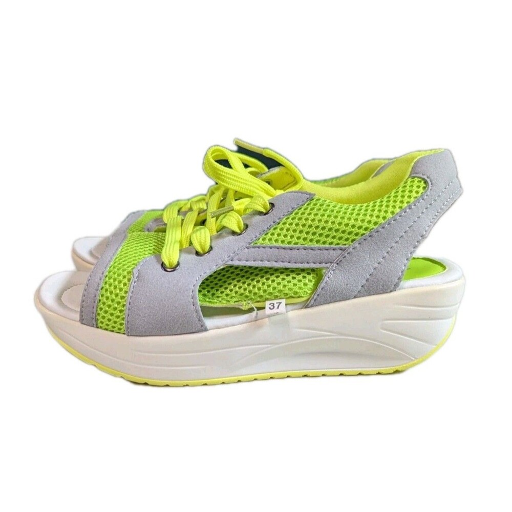 Neon Green Grey Mesh Platform Sneaker Sandals Chunky Wedge Slingback Size 6.5 - Picture 11 of 11